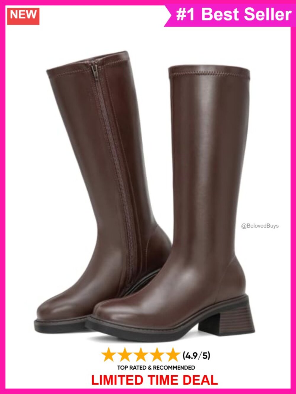 Faux Leather Knee High Boots Square Toe Block Heel Side Zip Riding